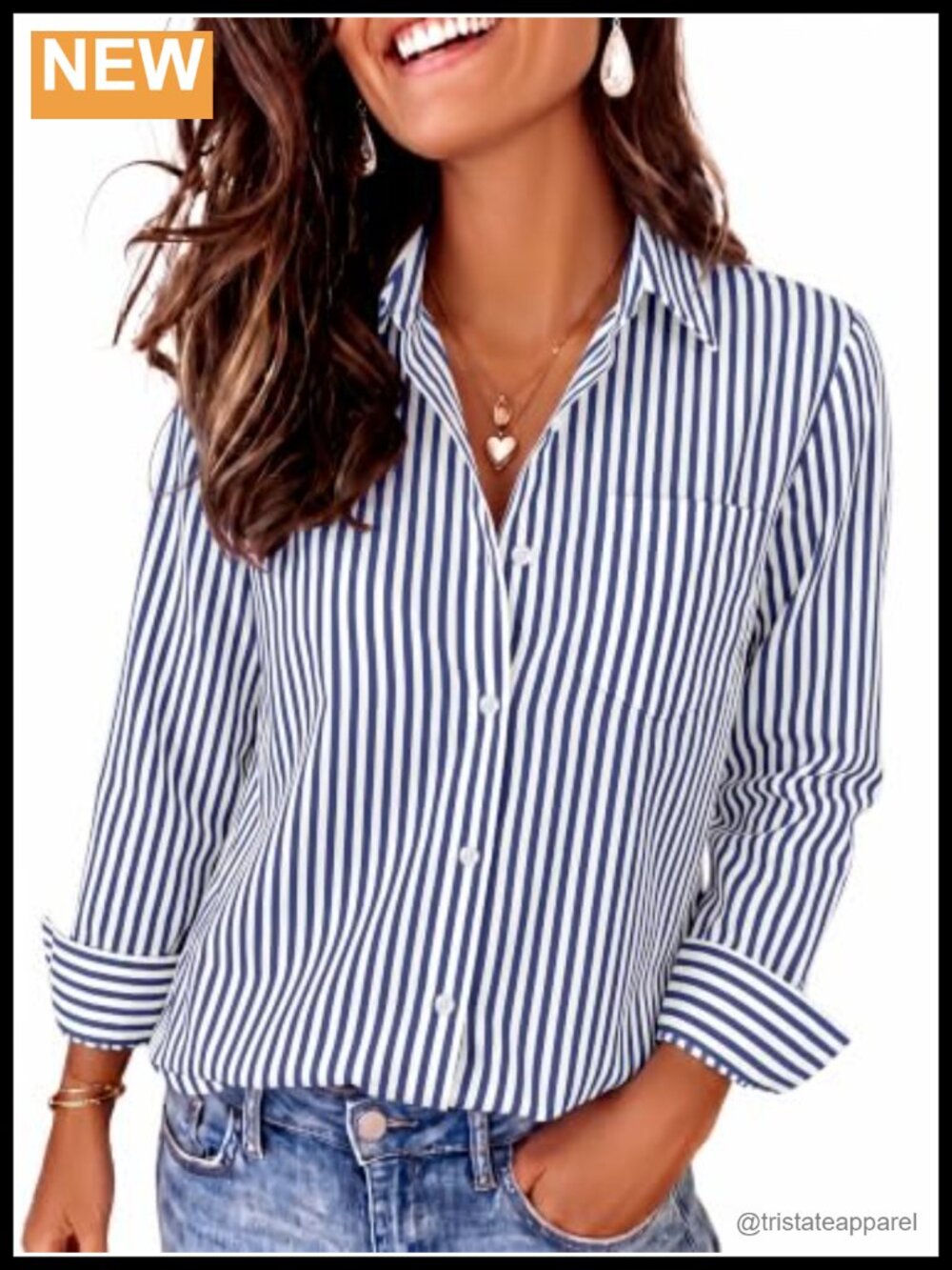Women's Striped Button Down Shirt Cotton Blend Long Sleeve Collared Work Top